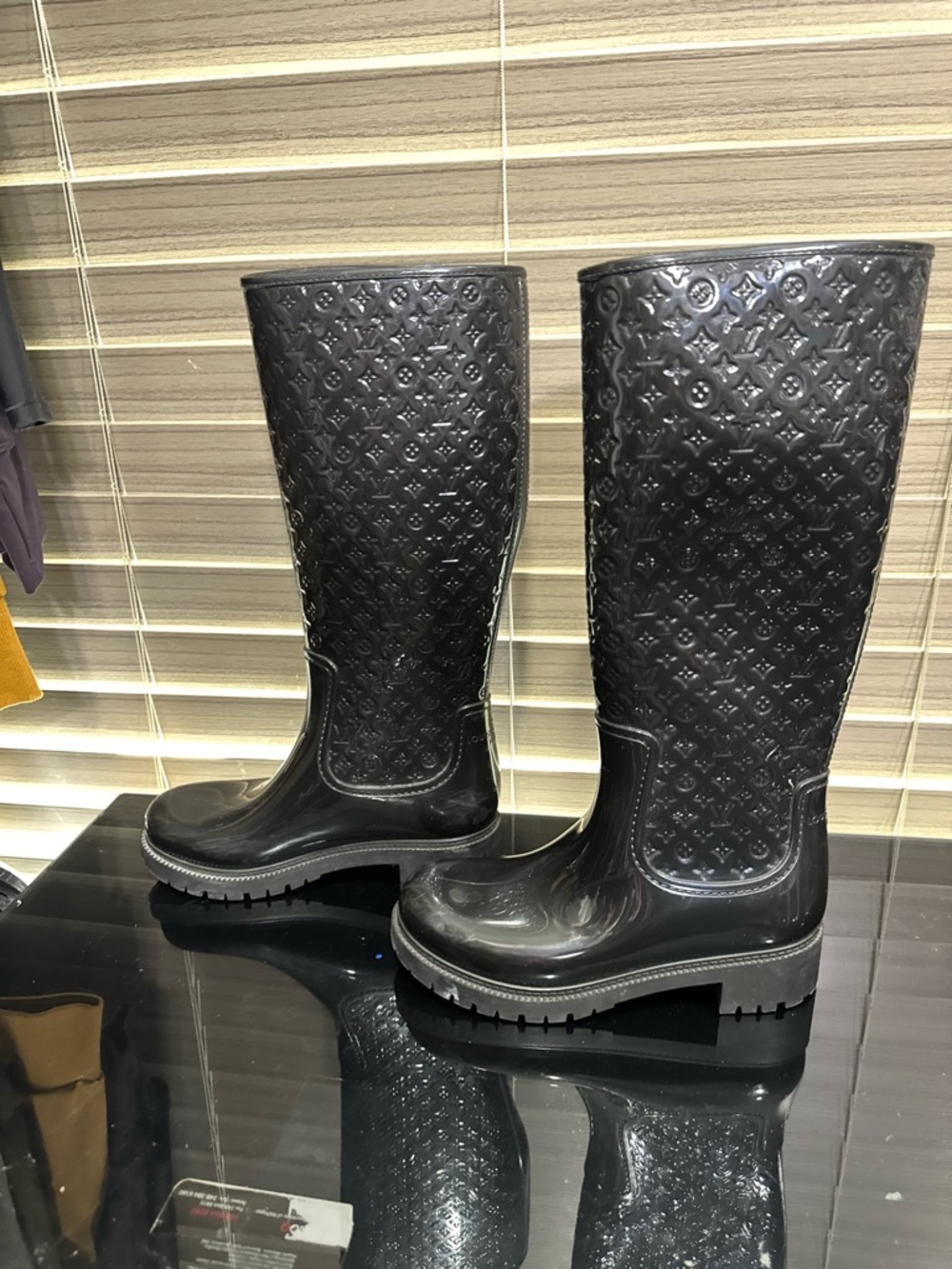 Louis Vuitton Black Embossed Tall Rain Boots